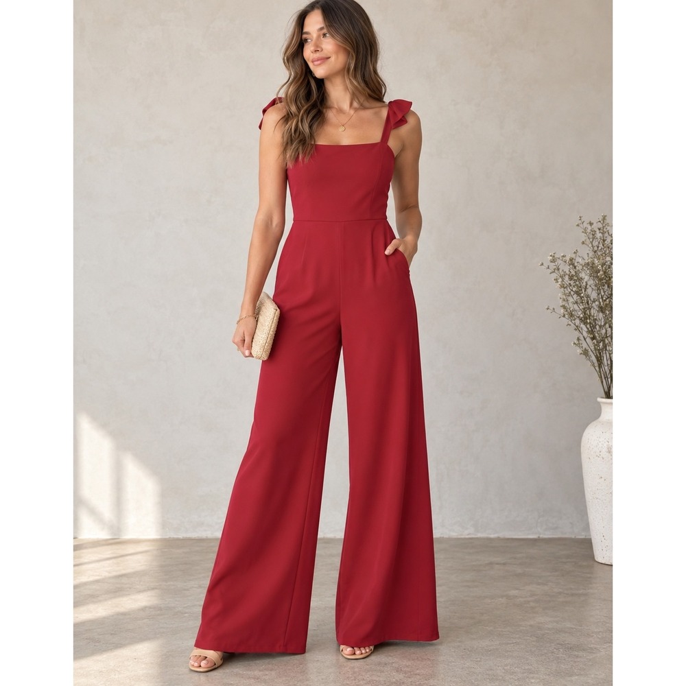 Sadie & Sage Red Wide Leg Ruffle Strap Jumpsuit Square Neck Medium